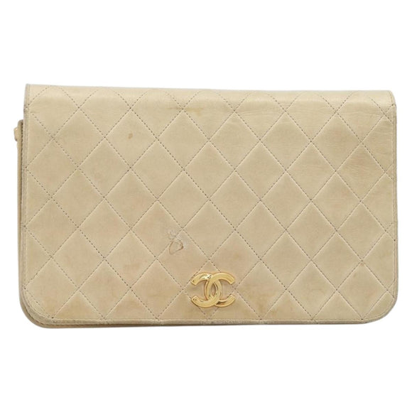 CHANEL Matelasse Chain Shoulder Bag Lamb Skin Beige Gold Tone CC Auth 202094