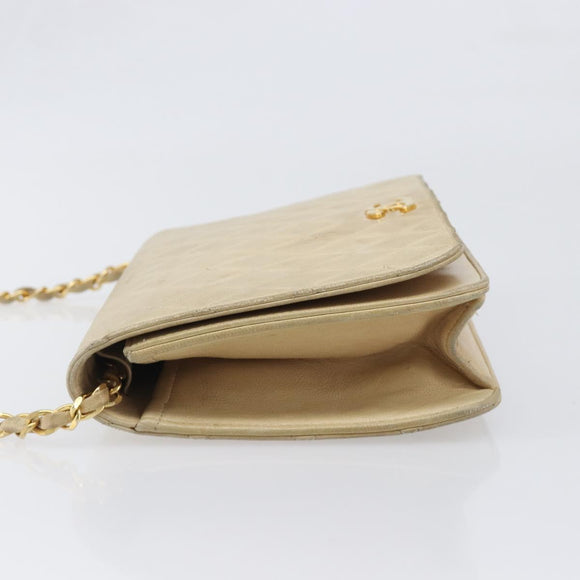 CHANEL Matelasse Chain Shoulder Bag Lamb Skin Beige Gold Tone CC Auth 202094