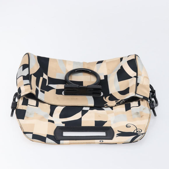 Salvatore Ferragamo Gancini Shoulder Bag Satin Beige Black Auth 202099