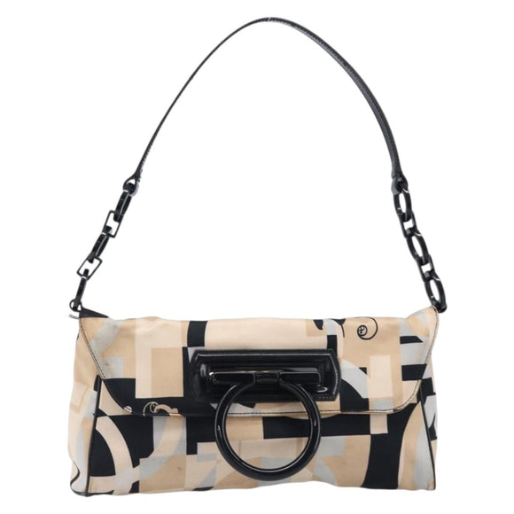 Salvatore Ferragamo Gancini Shoulder Bag Satin Beige Black Auth 202099