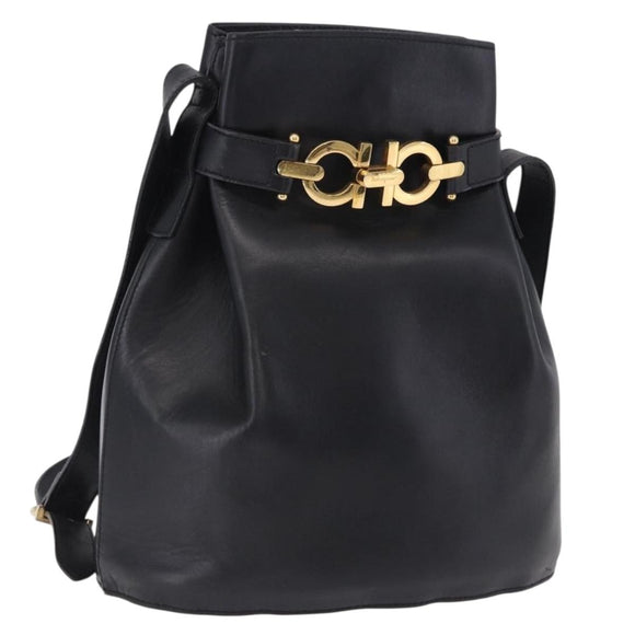 Salvatore Ferragamo Gancini Shoulder Bag Leather Black Gold Tone Auth 202100