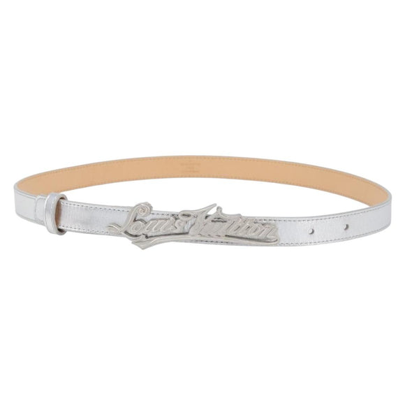 LOUIS VUITTON Ceinture Narrow Belt Leather 80/32 Silver LV Auth 202107