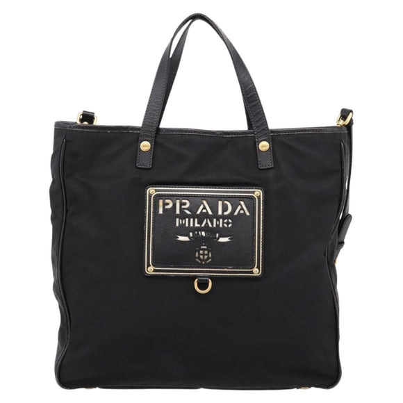 PRADA Hand Bag Nylon 2way Black Gold Tone Auth 202114