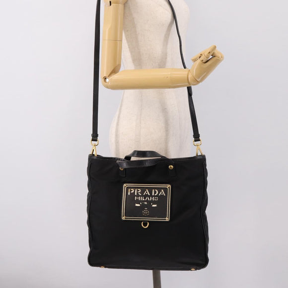 PRADA Hand Bag Nylon 2way Black Gold Tone Auth 202114