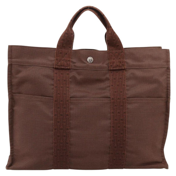 HERMES Her Line MM Hand Bag Canvas Brown Silver Auth 202116