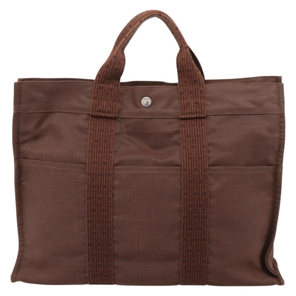 HERMES Her Line MM Hand Bag Canvas Brown Silver Auth 202116