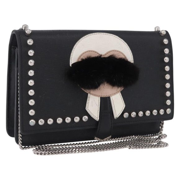 FENDI Chain Shoulder Bag Leather Black Silver 8M0346 Auth 202140