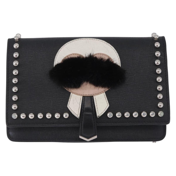 FENDI Chain Shoulder Bag Leather Black Silver 8M0346 Auth 202140