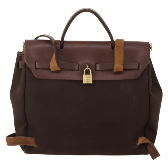 HERMES Herbag Ad Backpack Canvas 2way Brown Gold Tone Auth 202155