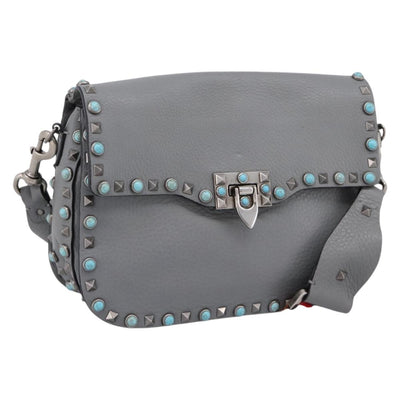 VALENTINO Shoulder Bag Leather Gray Blue Auth 202167
