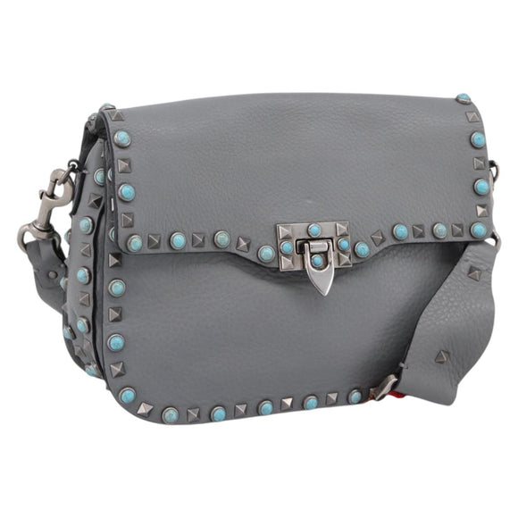 VALENTINO Shoulder Bag Leather Gray Blue Auth 202167