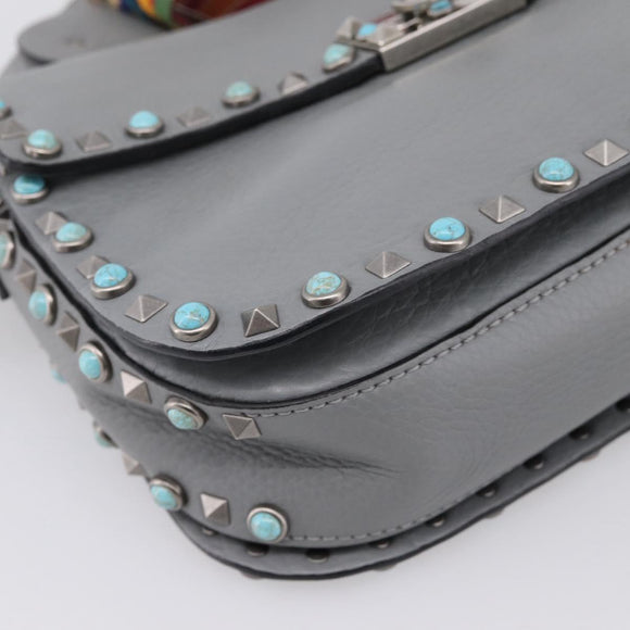 VALENTINO Shoulder Bag Leather Gray Blue Auth 202167