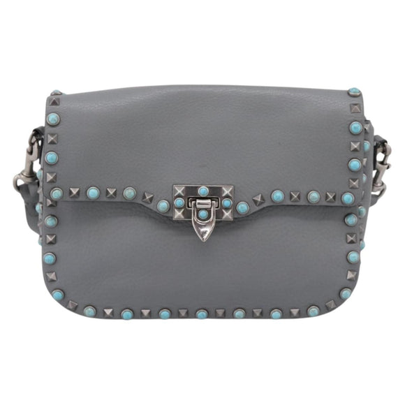 VALENTINO Shoulder Bag Leather Gray Blue Auth 202167