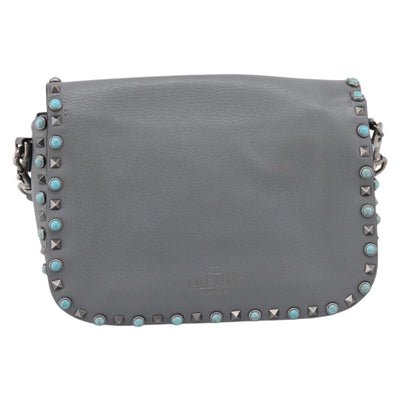 VALENTINO Shoulder Bag Leather Gray Blue Auth 202167 - 0