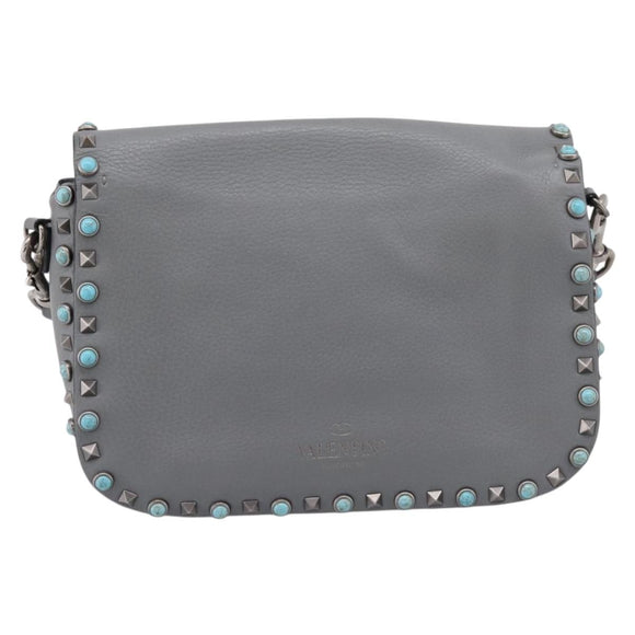 VALENTINO Shoulder Bag Leather Gray Blue Auth 202167