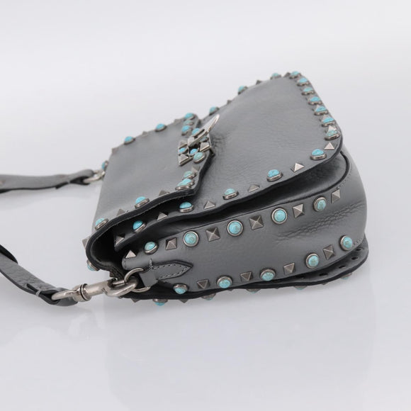VALENTINO Shoulder Bag Leather Gray Blue Auth 202167