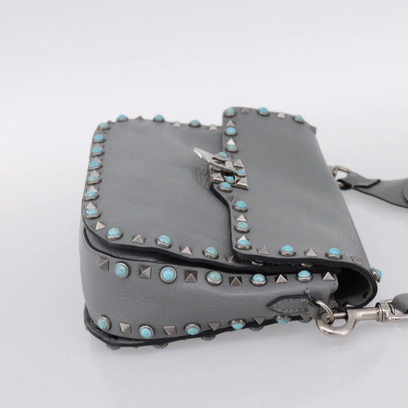 VALENTINO Shoulder Bag Leather Gray Blue Auth 202167