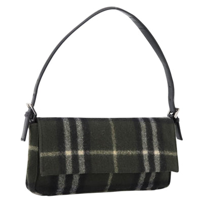 Burberrys Nova Check Shoulder Bag Wool Green Silver Auth 202175A