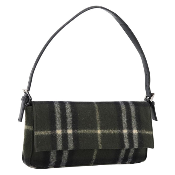 Burberrys Nova Check Shoulder Bag Wool Green Silver Auth 202175A