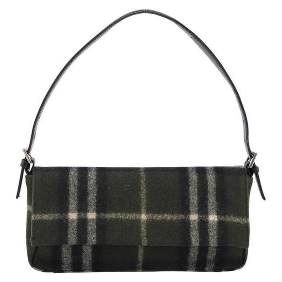 Burberrys Nova Check Shoulder Bag Wool Green Silver Auth 202175A