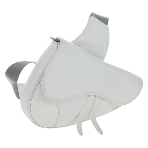 Christian Dior Saddle Shoulder Bag Leather White Silver Auth 202179V