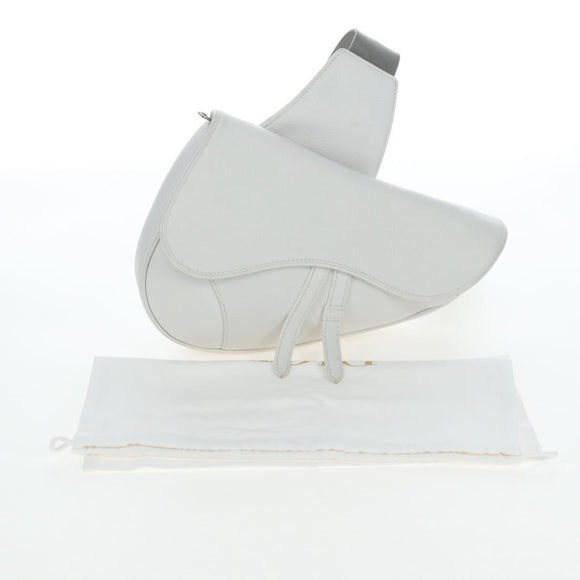 Christian Dior Saddle Shoulder Bag Leather White Silver Auth 202179V