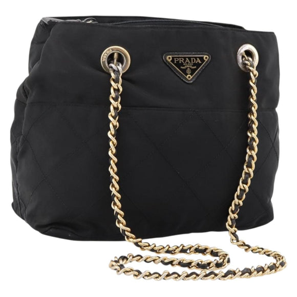 PRADA Chain Shoulder Bag Nylon Black Gold Tone Auth 202186A