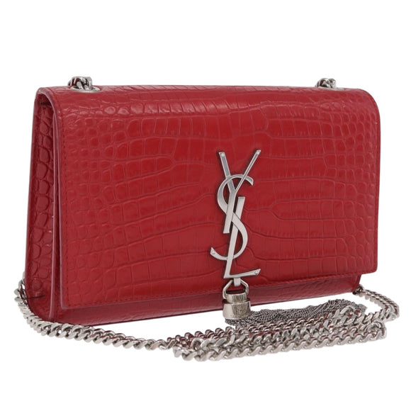 SAINT LAURENT Chain Kate Shoulder Bag Leather Red Silver Auth 202203V