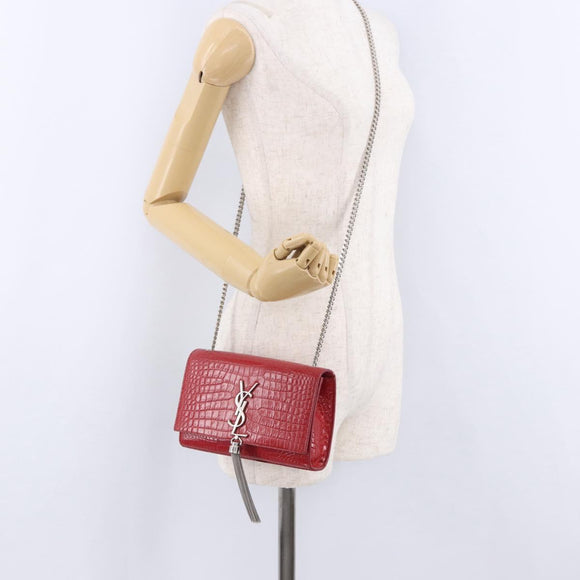 SAINT LAURENT Chain Kate Shoulder Bag Leather Red Silver Auth 202203V