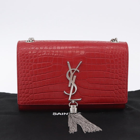 SAINT LAURENT Chain Kate Shoulder Bag Leather Red Silver Auth 202203V