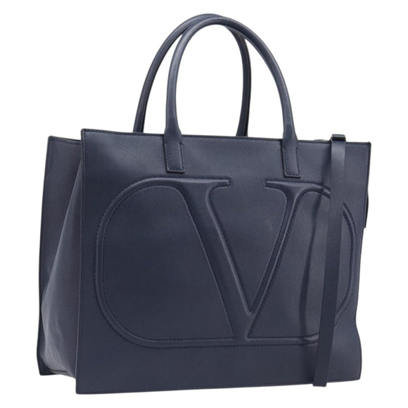 VALENTINO Hand Bag Leather 2way Navy Gold Auth 202206V