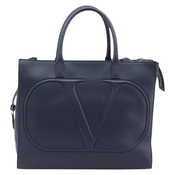 VALENTINO Hand Bag Leather 2way Navy Gold Auth 202206V