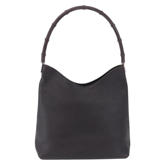 GUCCI Bamboo Shoulder Bag Leather Dark Brown Silver 001 3244 Auth 202214A