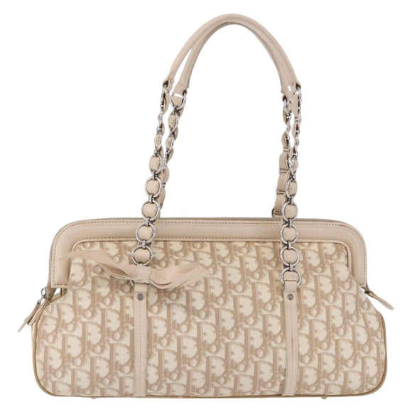 Christian Dior Romantic Chain Shoulder Bag PVC Leather Beige Silver Auth 202221A