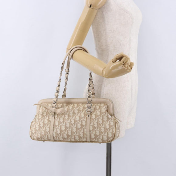 Christian Dior Romantic Chain Shoulder Bag PVC Leather Beige Silver Auth 202221A