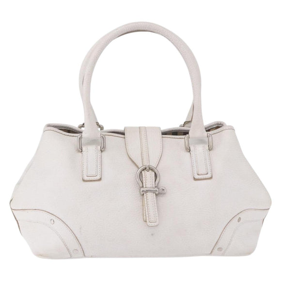 BURBERRY Hand Bag Leather White Silver Auth 202261