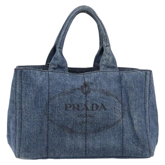 PRADA Canapa MM Hand Bag Denim Blue Gold Tone Auth 202300A