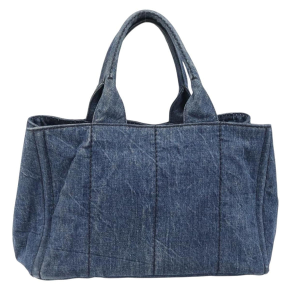 PRADA Canapa MM Hand Bag Denim Blue Gold Tone Auth 202300A