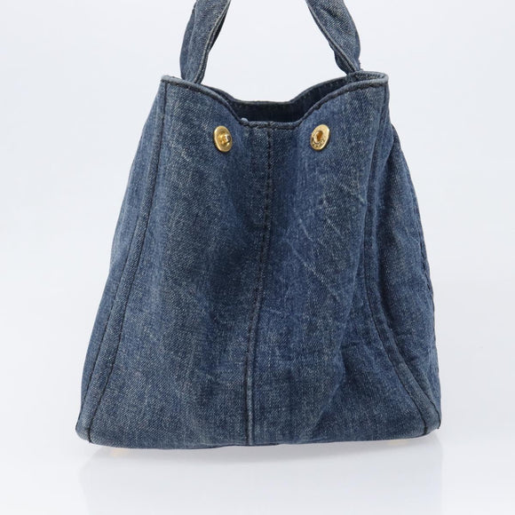 PRADA Canapa MM Hand Bag Denim Blue Gold Tone Auth 202300A