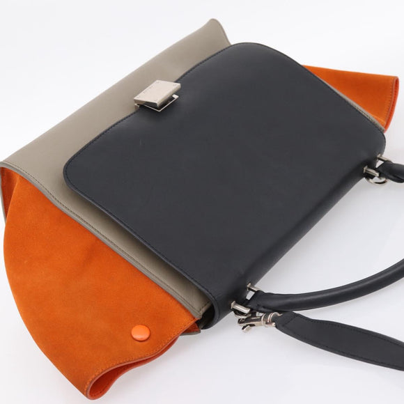 CELINE Trapeze Hand Bag Leather 2way Orange Silver Auth 202307V