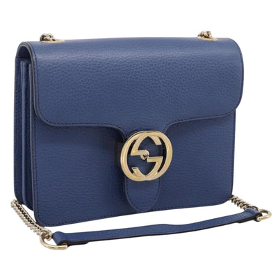 GUCCI Interlocking G Chain Shoulder Bag Leather Blue Gold 510304 Auth 202459V