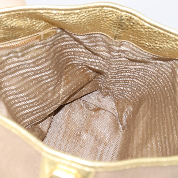 PRADA Hand Bag Jacquard Beige Gold Auth 202467