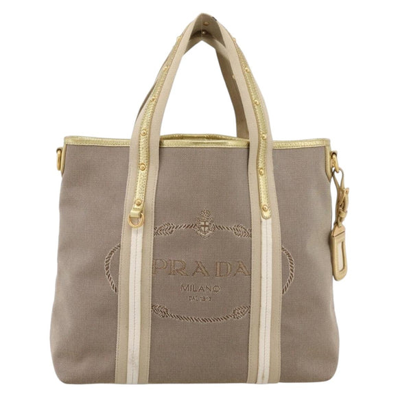 PRADA Hand Bag Jacquard Beige Gold Auth 202467