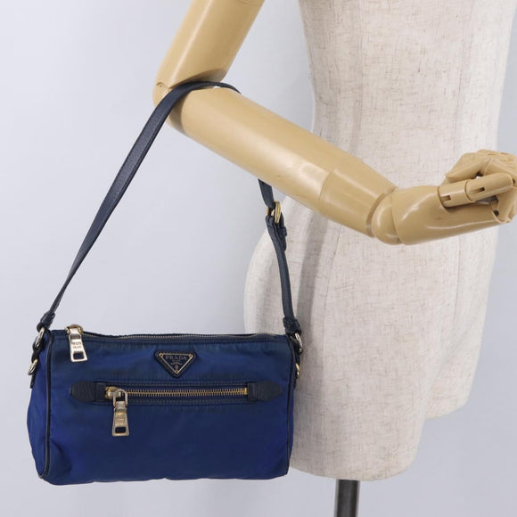 PRADA Shoulder Bag Nylon Blue Gold Auth 202491
