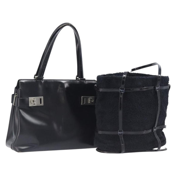 Salvatore Ferragamo Hand Bag Leather Pile 2 Set Black Auth 202497