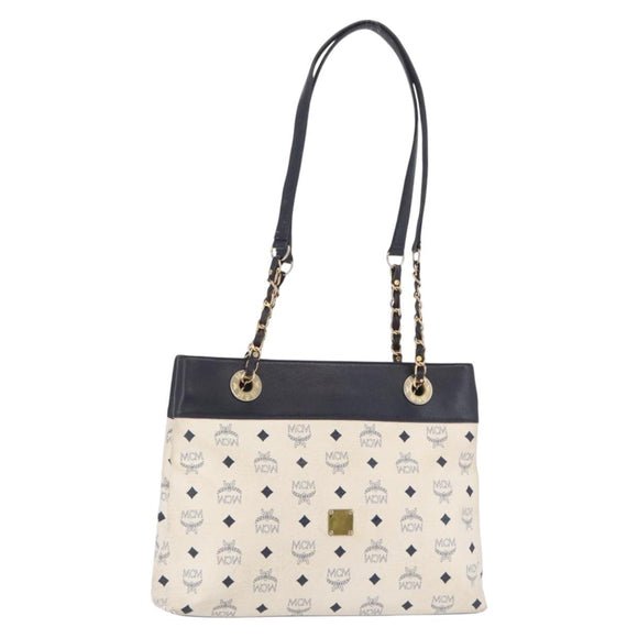 MCM Vicetos Logogram Chain Tote Bag PVC Leather White Gold Auth 202498