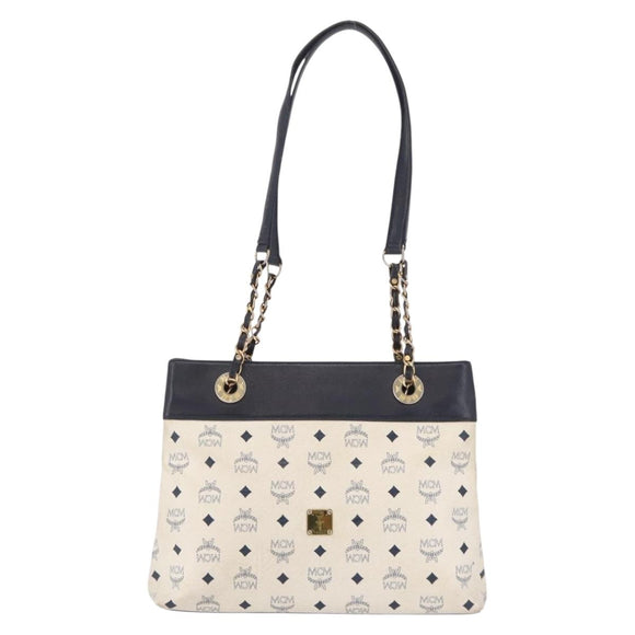 MCM Vicetos Logogram Chain Tote Bag PVC Leather White Gold Auth 202498