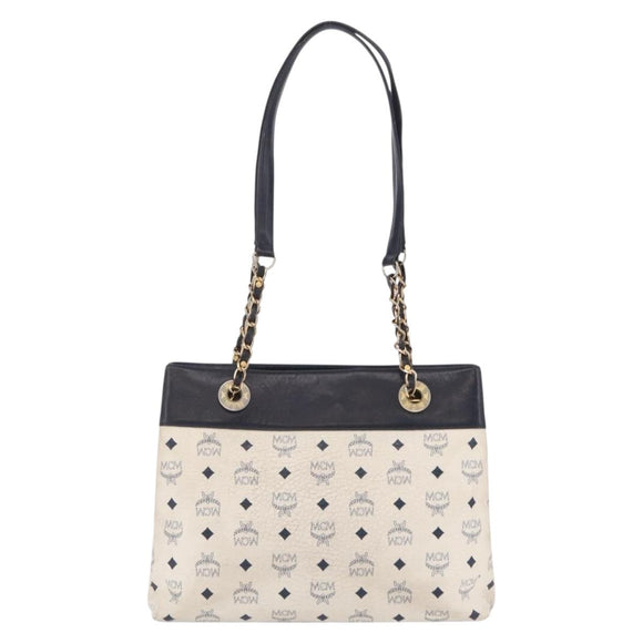 MCM Vicetos Logogram Chain Tote Bag PVC Leather White Gold Auth 202498