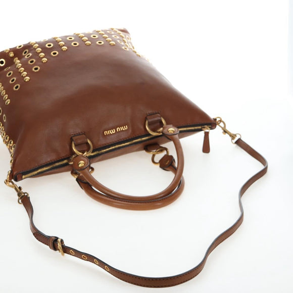 Miu Miu Hand Bag Leather 2way Brown Gold Auth 202512A