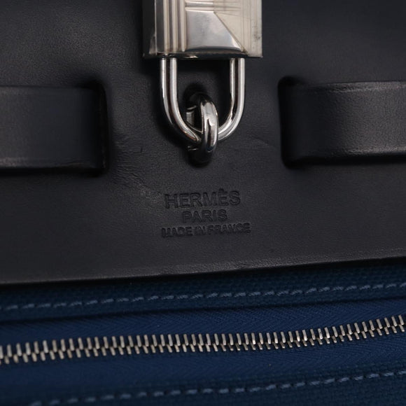 HERMES Herbag Zip PM Hand Bag Canvas Leather 2way Navy Silver Auth 202516SAM
